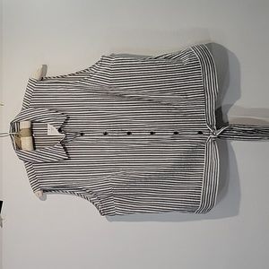 ELLE Sleeveless Button Down, Waist Tie, Grey & White Striped, Collared Top